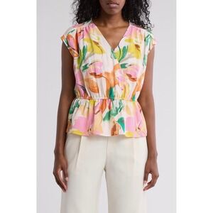Gemma + Jane Women Floral Peplum Top XL Pink Orange V-Neck Cap Sleeve Blouse